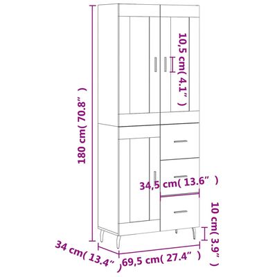 vidaXL Högskåp vit 69,5x34x180 cm konstruerat trä