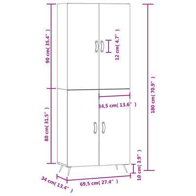 vidaXL Högskåp högglans vit 69,5x34x180 cm konstruerat trä