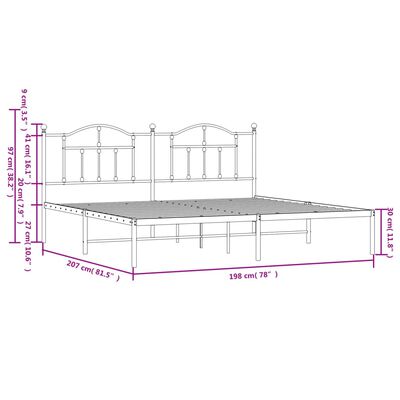 vidaXL Sängram med huvudgavel metall vit 193x203 cm