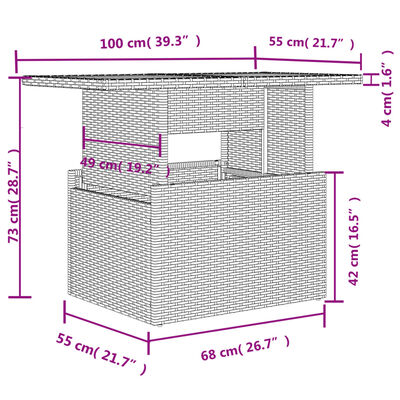 vidaXL Trädgårdsbord med glasskiva grå 100x55x73 cm konstrotting