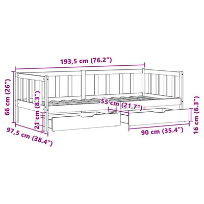 vidaXL Dagbädd med lådor vit 90x190 cm massiv furu