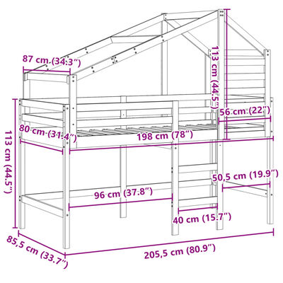 vidaXL Våningssäng med stege och tak 80x200 cm massiv furu