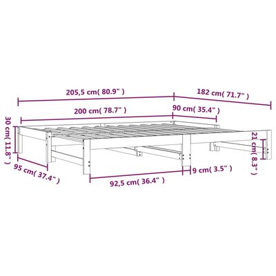 vidaXL Utdragbar dagbädd 2x(90x200) cm massiv furu