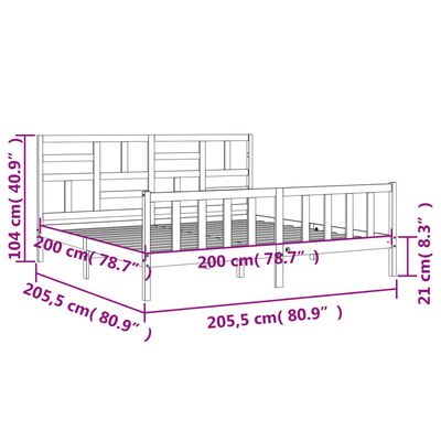 vidaXL Sängram med huvudgavel grå 200x200 cm massivt trä