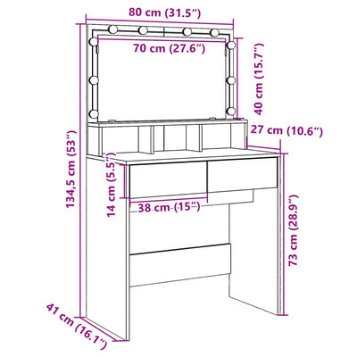 vidaXL Sminkbord med LEDs rökfärgad ek 80x41x134,5 cm