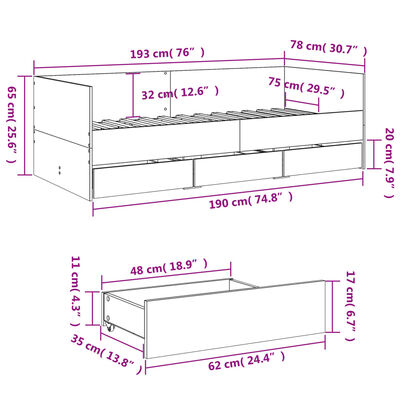 vidaXL Dagbädd med lådor utan madrass svart 75x190 cm