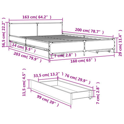 vidaXL Sängram med lådor rökfärgad ek 160x200 cm konstruerad trä