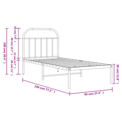 vidaXL Sängram med huvudgavel metall svart 90x190 cm