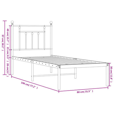 vidaXL Sängram utan madrass med huvudgavel metall vit 75x190 cm