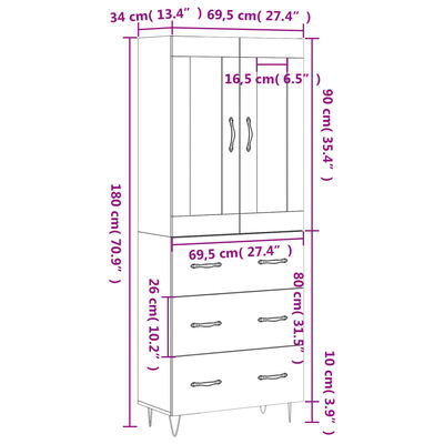 vidaXL Högskåp vit 69,5x34x180 cm konstruerat trä