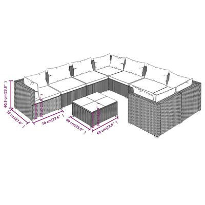 vidaXL Loungegrupp för trädgården med dynor 9 delar konstrotting grå