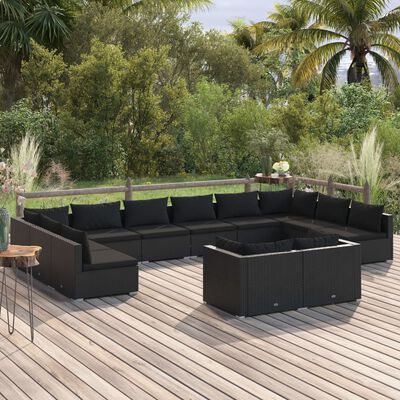 vidaXL Loungegrupp för trädgården med dynor 12delar konstrotting svart