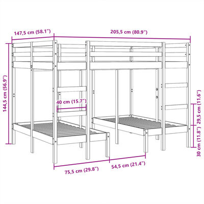 vidaXL Våningssäng 3 platser vit 140x200/70x140 cm massiv furu