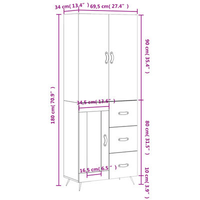 vidaXL Högskåp högglans vit 69,5x34x180 cm konstruerat trä