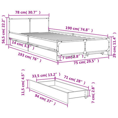 vidaXL Sängram med lådor sonoma-ek 75x190 cm konstruerat trä