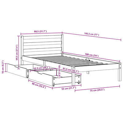 vidaXL Sängram utan madrass vit 75x190 cm massiv furu