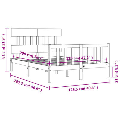 vidaXL Sängram med huvudgavel vit 120x200 cm massivt trä