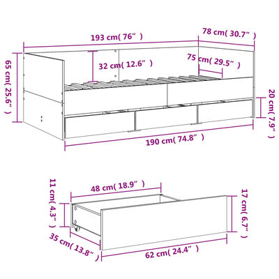 vidaXL Dagbädd med lådor utan madrass sonoma-ek 75x190 cm