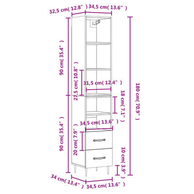 vidaXL Högskåp vit högglans 34,5x34x180 cm konstruerat trä