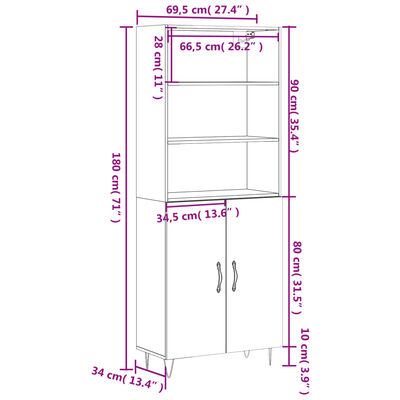 vidaXL Högskåp betonggrå 69,5x34x180 cm konstruerat trä