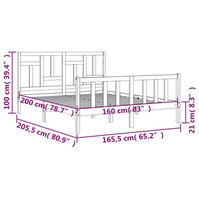 vidaXL Sängram med huvudgavel vit 160x200 cm massivt trä