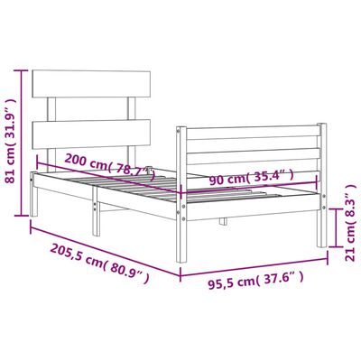 vidaXL Sängram med huvudgavel 90x200 cm massivt trä