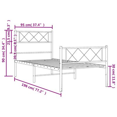 vidaXL Sängram med huvudgavel och fotgavel vit metall 90x190 cm