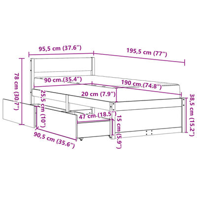 vidaXL Sängram med lådor och madrass vit 90x190 cm massiv furu