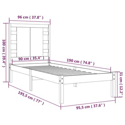 vidaXL Sängram svart massivt trä 90x190 cm