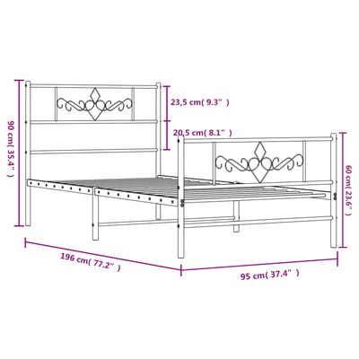 vidaXL Sängram med huvudgavel och fotgavel vit metall 90x190 cm