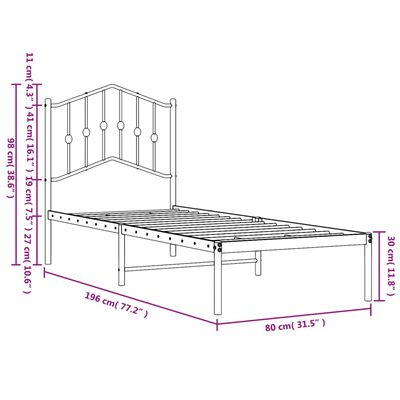 vidaXL Sängram med huvudgavel metall svart 75x190 cm