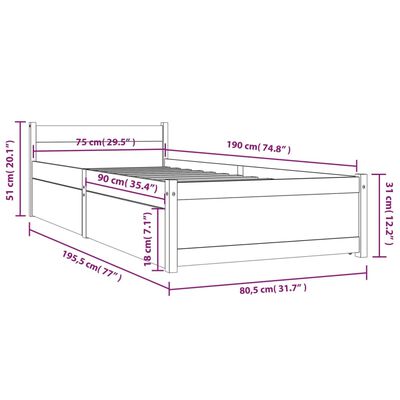 vidaXL Sängram med lådor vit 75x190 cm