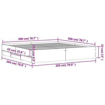 vidaXL Sängram med lådor betonggrå 200x200 cm konstruerat trä