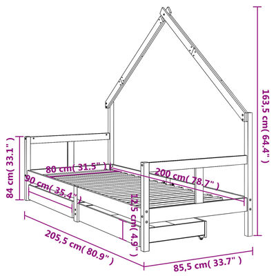 vidaXL Sängram för barnsäng m. lådor svart 80x200 cm massiv furu