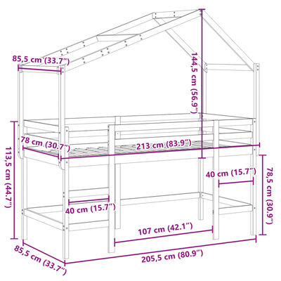 vidaXL Våningssäng med stege och tak vit 80x200 cm massiv furu