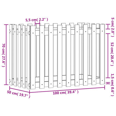 vidaXL Odlingslåda med staket-design vit 100x50x70 cm massiv furu