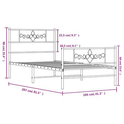 vidaXL Sängram med huvudgavel och fotgavel vit metall 100x200 cm