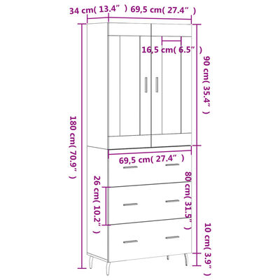 vidaXL Högskåp svart 69,5x34x180 cm konstruerat trä