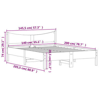 vidaXL Sängram utan madrass vaxbrun 140x200 cm massiv furu