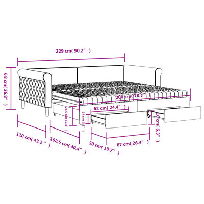 vidaXL Dagbädd utdragbar med lådor ljusgrå 100x200 cm sammet