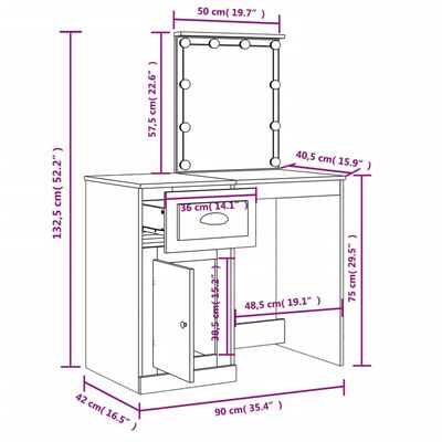 vidaXL Sminkbord med LED-lampor brun ek 90x42x132,5 cm