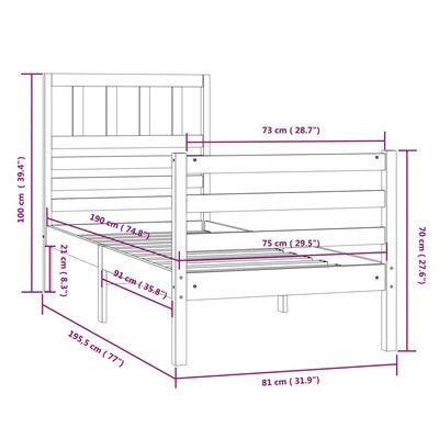 vidaXL Sängram massivt trä 75x190 cm