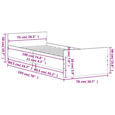 vidaXL Sängram utan madrass rökfärgad ek 75x190 cm konstruerad trä