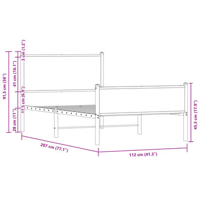 vidaXL Sängram med huvudgavel & fotgavel brun ek metall 107x203 cm