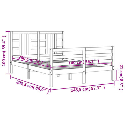 vidaXL Sängram med huvudgavel vit 140x200 cm massivt trä