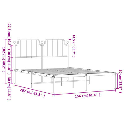 vidaXL Sängram med huvudgavel metall vit 150x200 cm