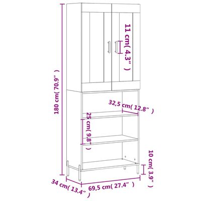 vidaXL Högskåp betonggrå 69,5x34x180 cm konstruerat trä