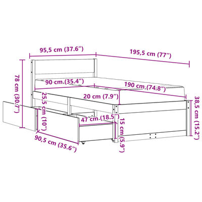 vidaXL Sängram med lådor och madrass 90x190 cm massiv furu