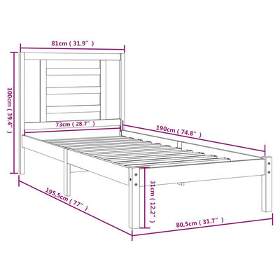 vidaXL Sängram vit massivt trä 75x190 cm