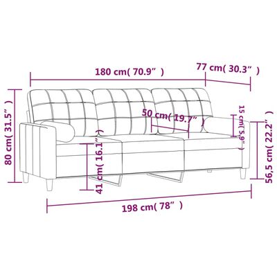 vidaXL 3-sitssoffa med prydnadskuddar ljusgrå 180 cm tyg